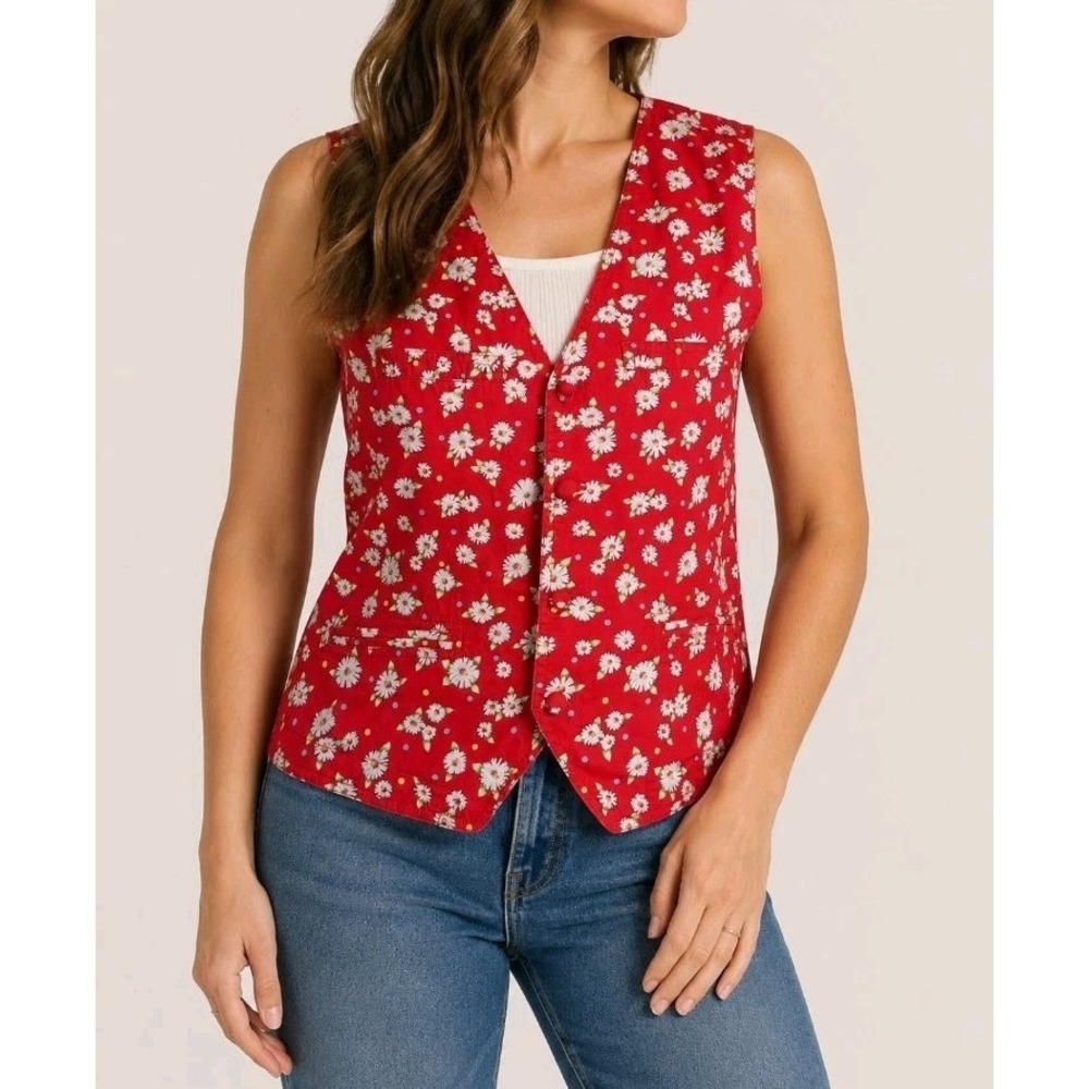 Vintage 90s Liz Sport Red Daisy Floral‎ Vest Womens Medium Petite Rayon